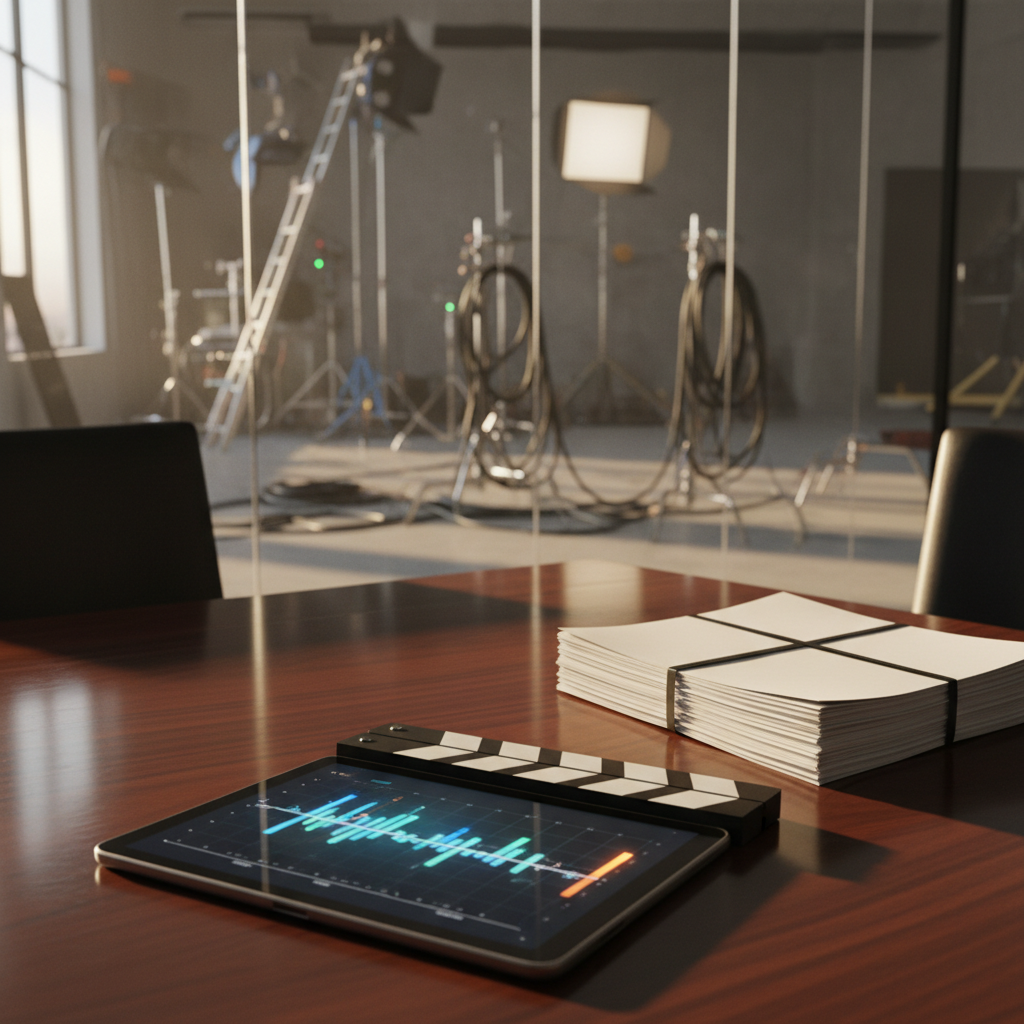 A polished conference table in a glass-walled production office, its dark wood surface arranged with a tablet showing an abstract timeline, a closed slate, and a neat stack of unmarked script pages. Beyond the table, through the slightly reflective glass, a blurred view of the studio floor with lighting rigs and cables suggests an active yet orderly set. Late-afternoon light filters through high windows, casting long, elegant shadows and subtle reflections on the table’s finish. Framed at a low, cinematic angle along the tabletop, the foreground objects anchor the scene while the background remains tastefully out of focus. The mood is strategic and sophisticated, highlighting the business side of film production without depicting any people.