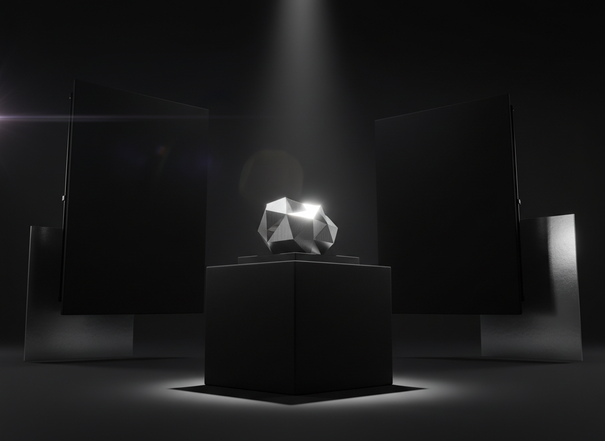 A branded content set built around a single hero object: a finely crafted product pedestal in satin black, supporting an elegant, unbranded geometric object with a brushed metal finish, suggesting high-end design. The set is minimal and studio-like, with carefully placed reflective panels and flags shaping light across the object’s surfaces. A narrow, dramatic beam of top light carves out crisp highlights while the surrounding space remains in soft shadow. The atmosphere feels luxurious and controlled, emphasizing precision and narrative potential. Shot from a low, slightly off-center cinematic angle with subtle lens flare at the frame edge, the composition signals sophisticated commercial storytelling without any logos or text.