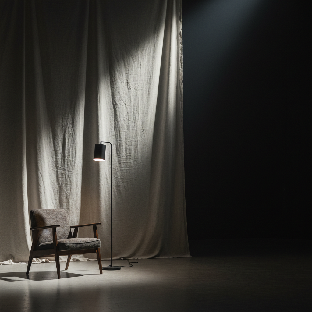 A minimalist soundstage corner dressed for an art film: a single mid-century style armchair rendered as a sculptural object, an unlit floor lamp with a simple geometric shade, and a large, semi-transparent fabric backdrop hanging in soft folds. All colors are muted neutrals and deep charcoals, allowing the textures of fabric, wood, and metal to dominate. One strong, directional spotlight from camera left grazes the backdrop, creating dramatic shadows and gradations of tone, while a faint fill light lifts the chair’s contour. Shot from a wide cinematic angle with negative space occupying half the frame, the composition feels introspective and sophisticated, embodying the mood of contemplative, author-driven cinema.