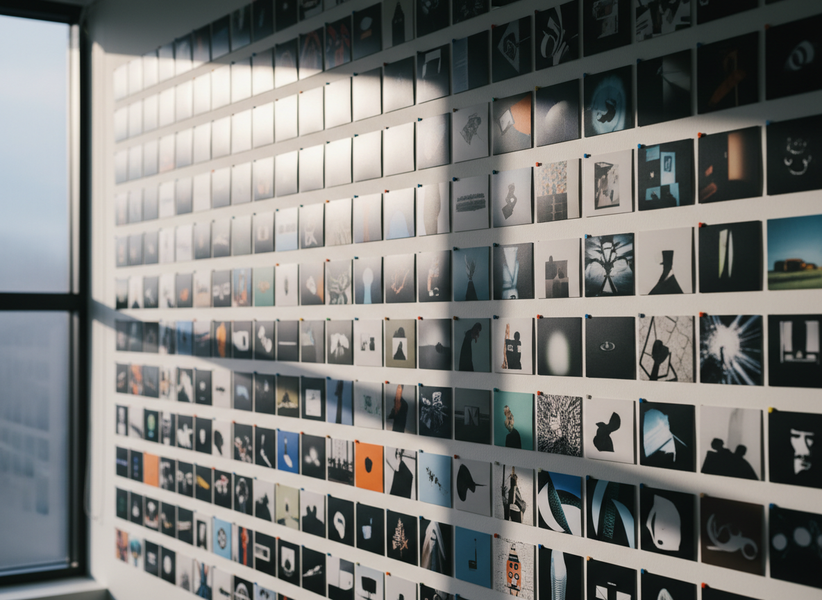 A storyboard wall in a contemporary production office, covered not with text but with a grid of small, high-contrast stills from various films, commercials, and branded pieces. Each frame shows abstract environments, objects, and silhouettes, all carefully composed to avoid recognizable humans, forming a visual tapestry of the studio’s portfolio. The wall is illuminated by soft overhead track lighting and a gentle side glow from a tall frosted window, creating layered shadows along the pinned images. Captured with a medium-wide lens at a slight angle, the nearest stills are in sharp focus while the others softly recede into blur, evoking a sophisticated, cinematic planning process and the coherence of an author-driven vision.