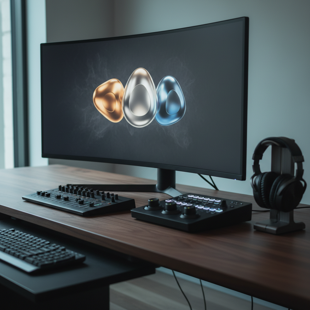 A meticulously arranged editing suite featuring a wide, ultra-high-resolution monitor displaying a paused frame from an artful commercial: abstract product silhouettes against a deep charcoal background. The monitor sits on a dark walnut desk with a slim control surface, color grading panel, and headphones laid with geometric precision, all free of clutter. Cool, diffused light from an unseen window mixes with the subtle glow of screen reflections, creating a polished, cinematic ambiance. Composed from a three-quarter angle, the foreground keyboard is softly out of focus while the monitor and grading tools remain razor sharp. The mood is concentrated and refined, suggesting the quiet intensity of author-driven post-production.