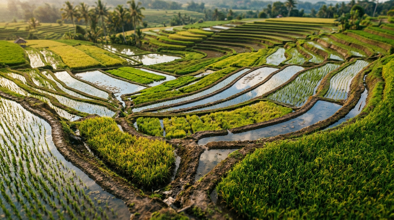Terraced rice fields with young green rice plants and water reflecting sky